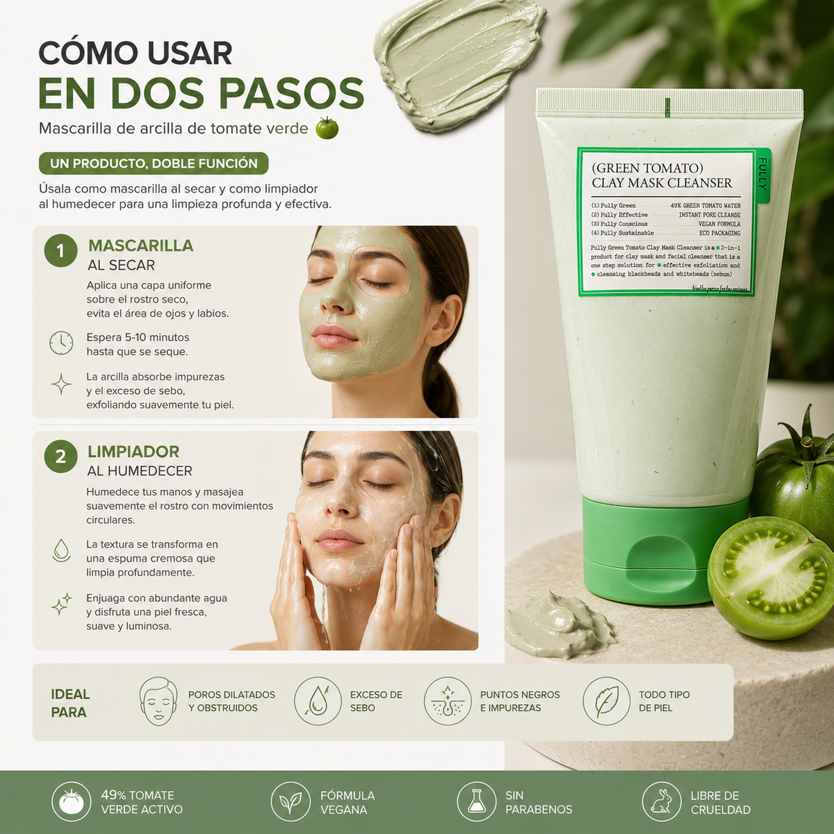 Mascarilla limpiadora de arcilla de tomate Verde
